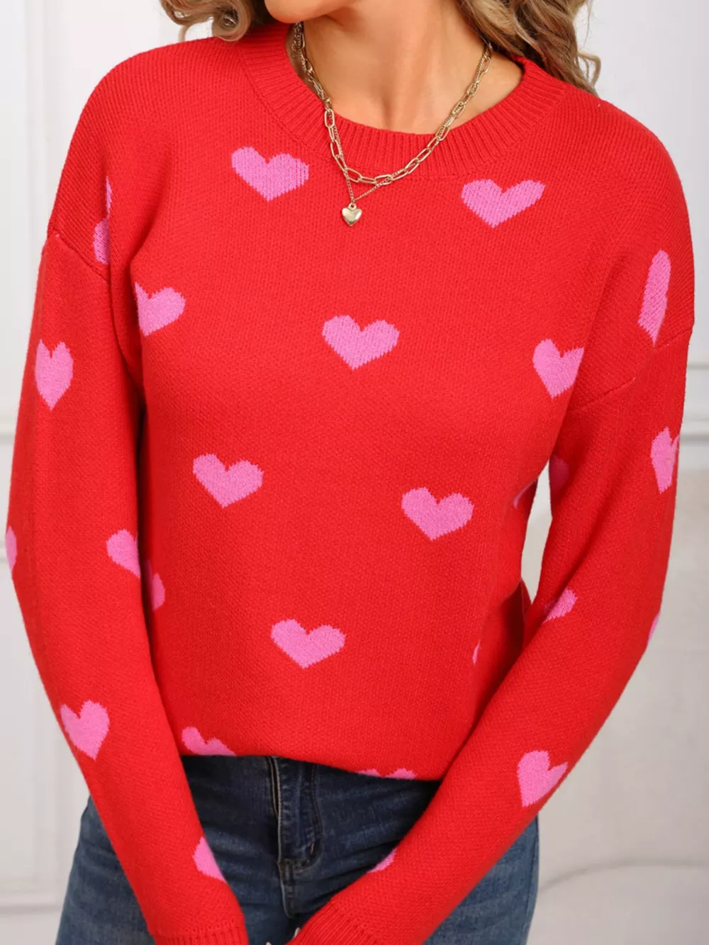 Valentine's Day Heart Pattern Dropped Shoulder Sweater, image 19