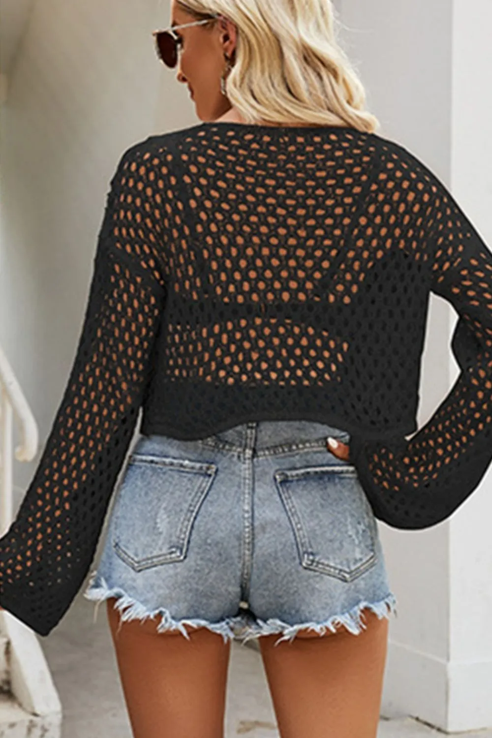 Openwork Round Neck Dropped Shoulder Knit Top, image 15