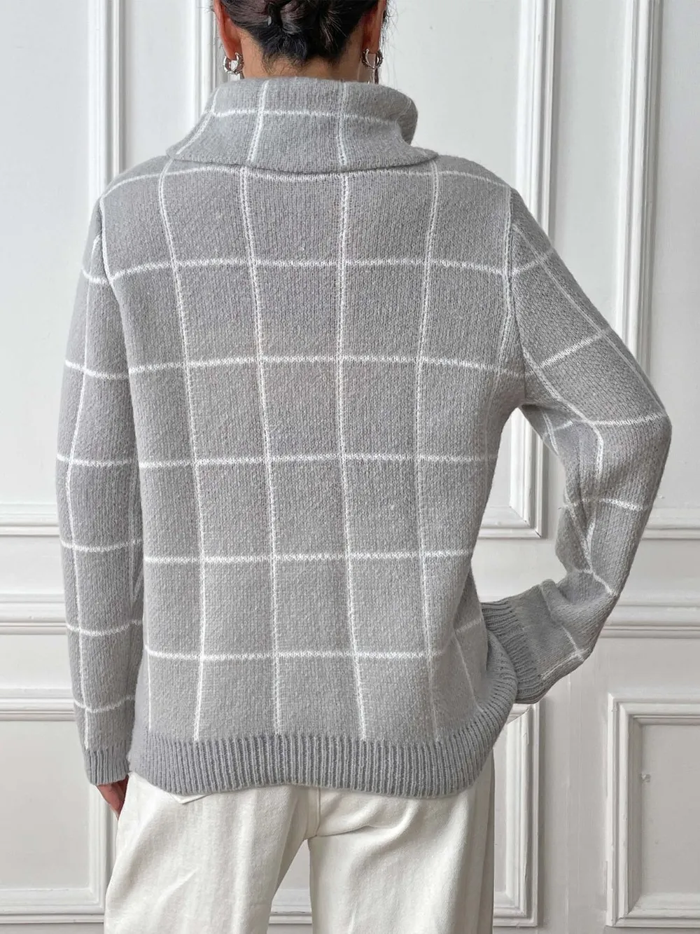 Heart Plaid Turtleneck Long Sleeve Sweater, image 3