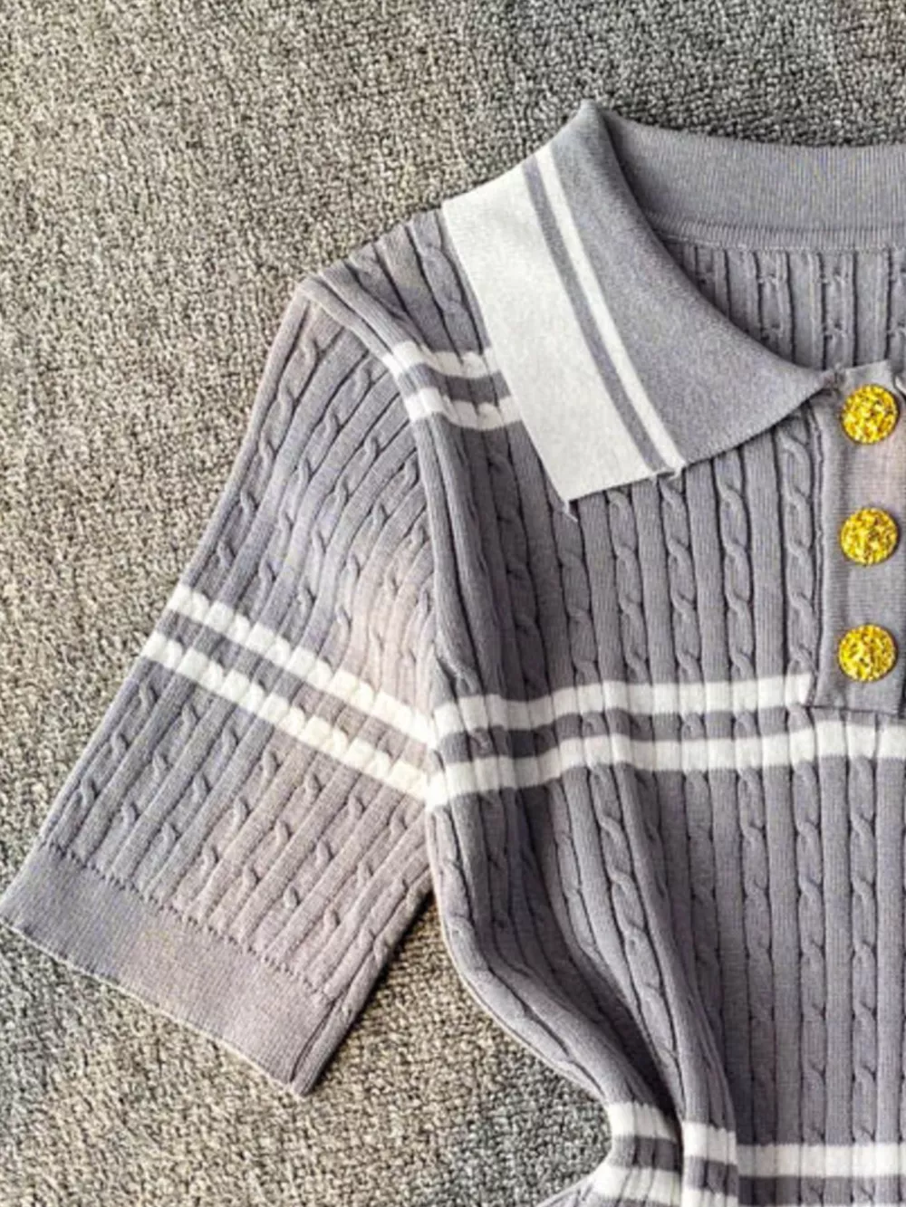 Striped Knit Polo Collar Top, image 11