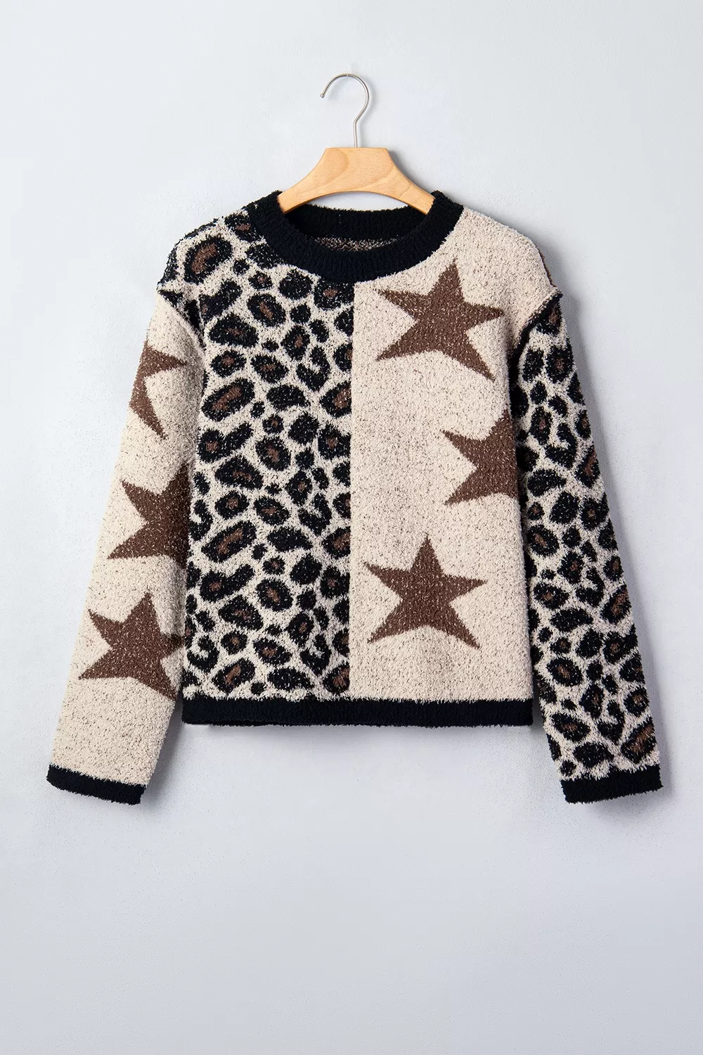 Leopard Star Pattern Round Neck Long Sleeve Shift Sweater, image 9
