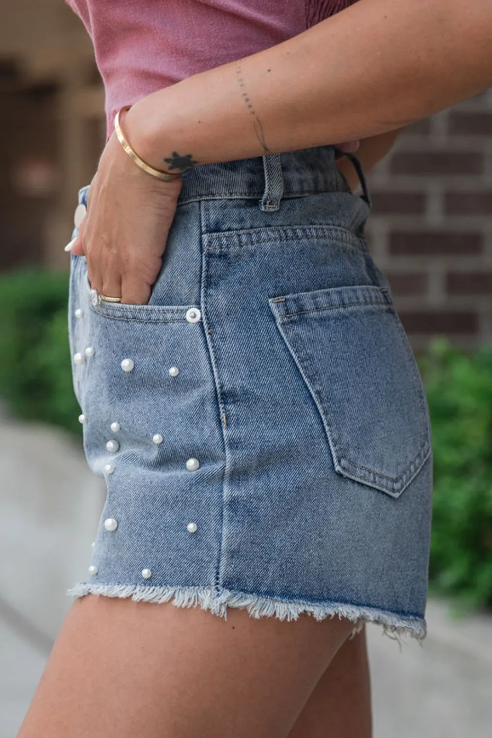 Pearl Beaded Raw Hem Wash Denim Shorts, image 13