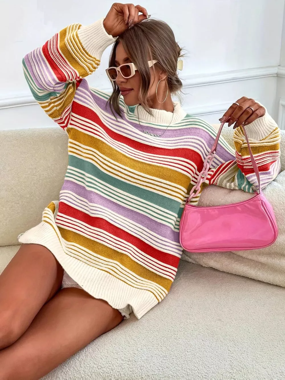 Rainbow Striped Drop Shoulder Oversized Sweater, image 18
