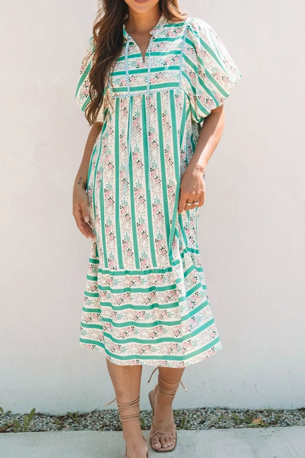 Striped Floral Print Tie Neck Puff Sleeve Midi Dress, image 13