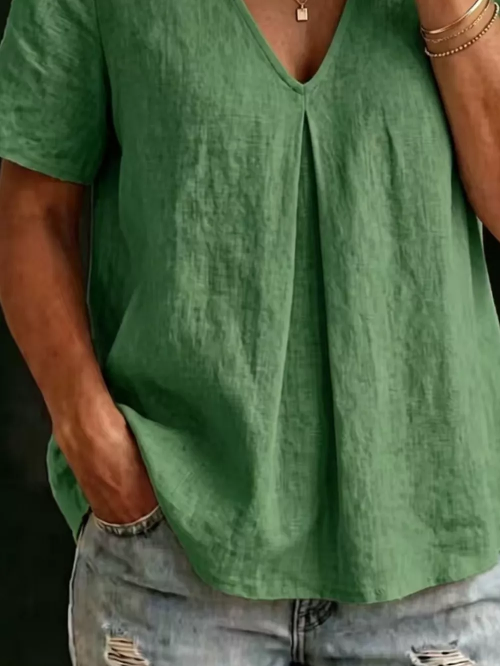Full Size V-Neck Pleated Short Sleeve Blouse Plus Size, image 5
