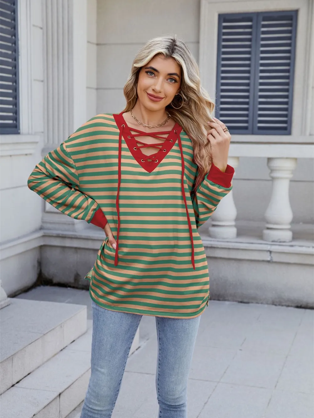 Lace-Up Striped Long Sleeve T-Shirt, image 6