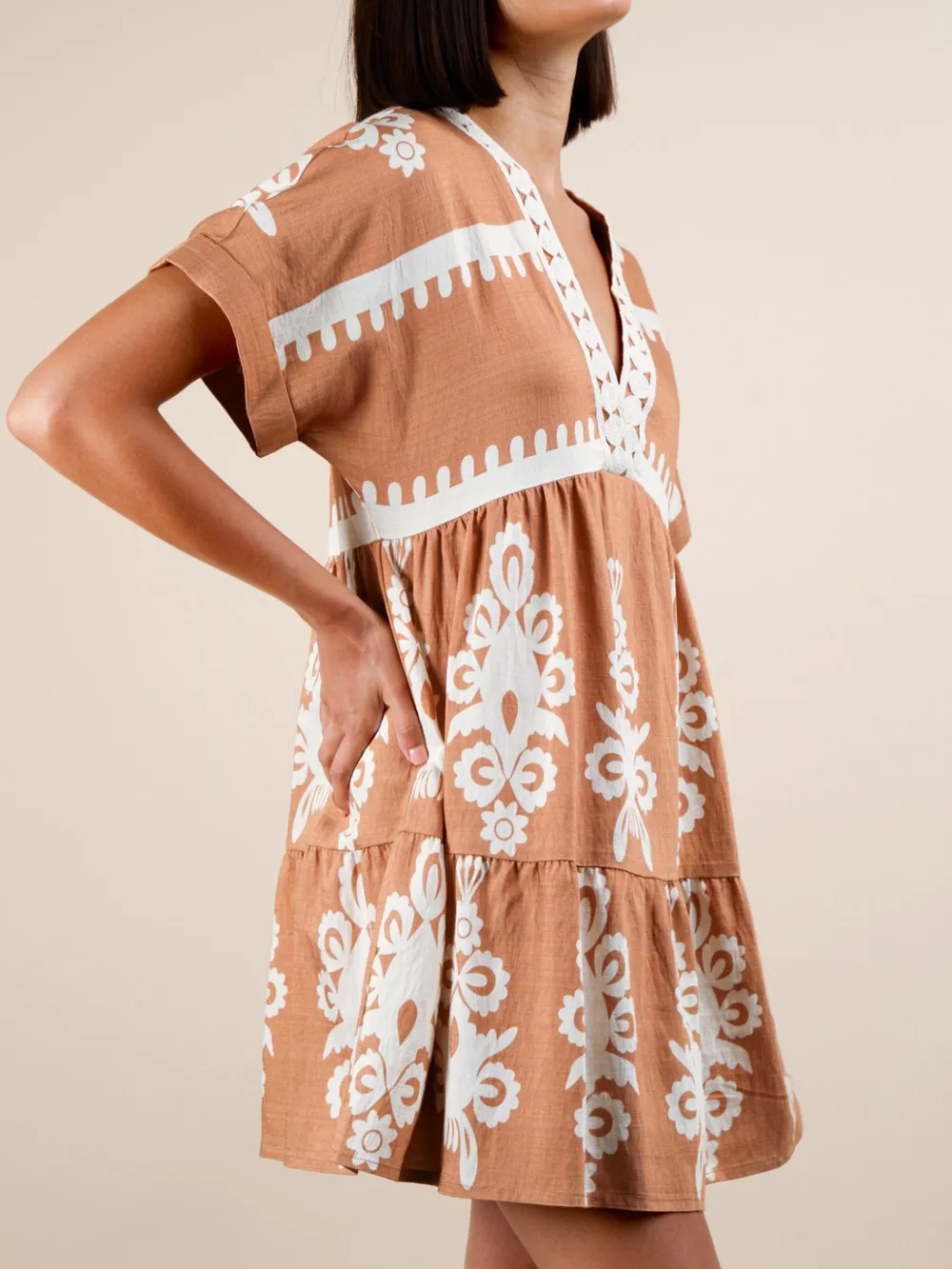 Printed V-Neck Short Sleeve Mini Dress, image 9