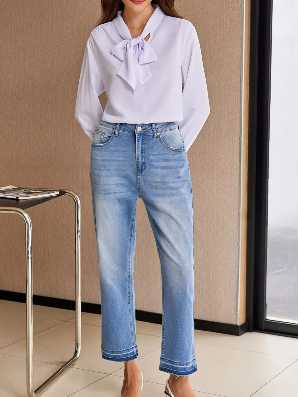 Whiskered Wash Raw Hem Cropped Jeans, image 4
