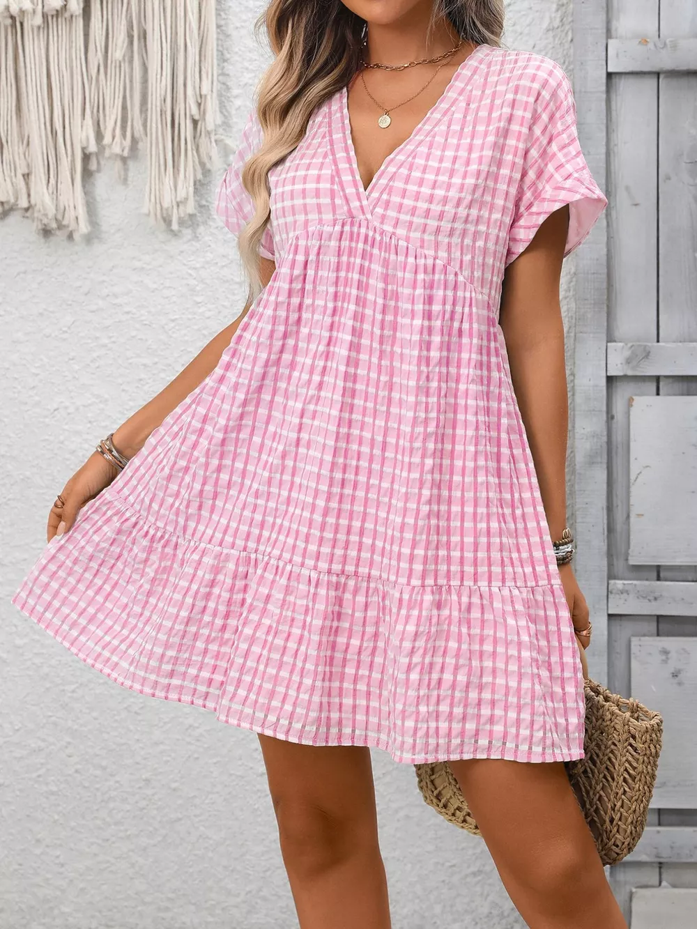 Plaid V-Neck Ruffle Hem Mini Dress, image 12