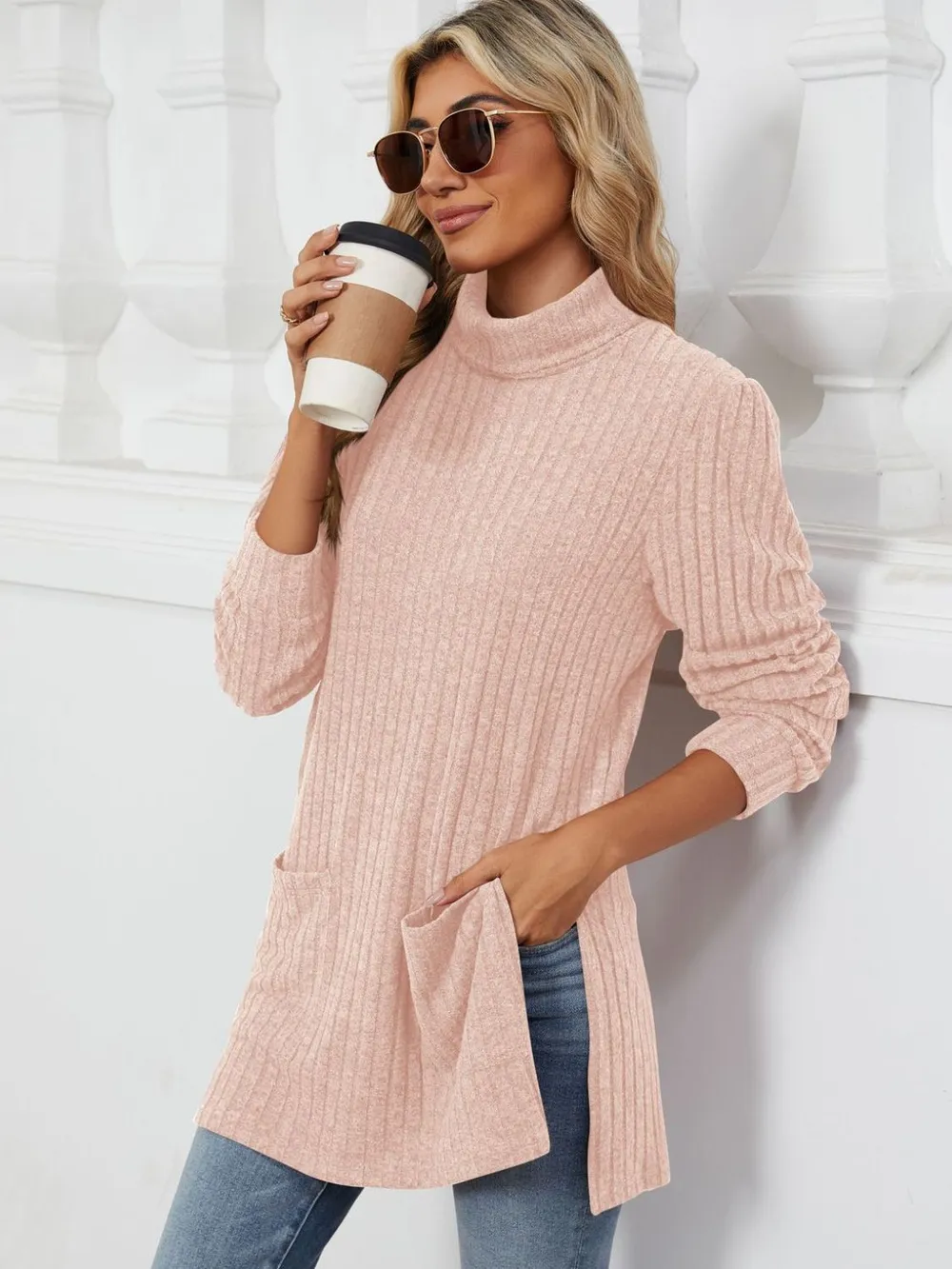 Slit Mock Neck Long Sleeve T-Shirt, image 31