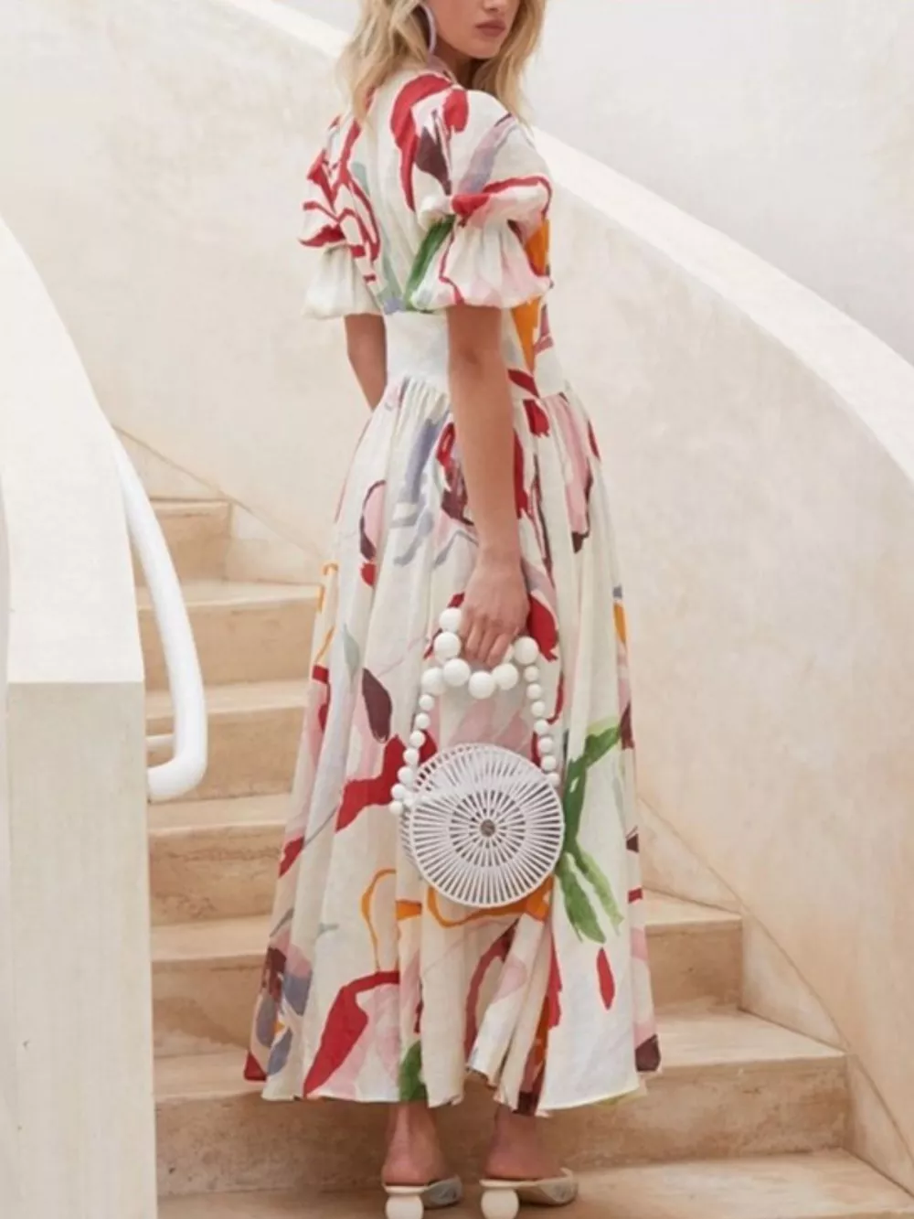 Full Size Abstract Print Puff Sleeve Midi Dress Plus Size, image 3