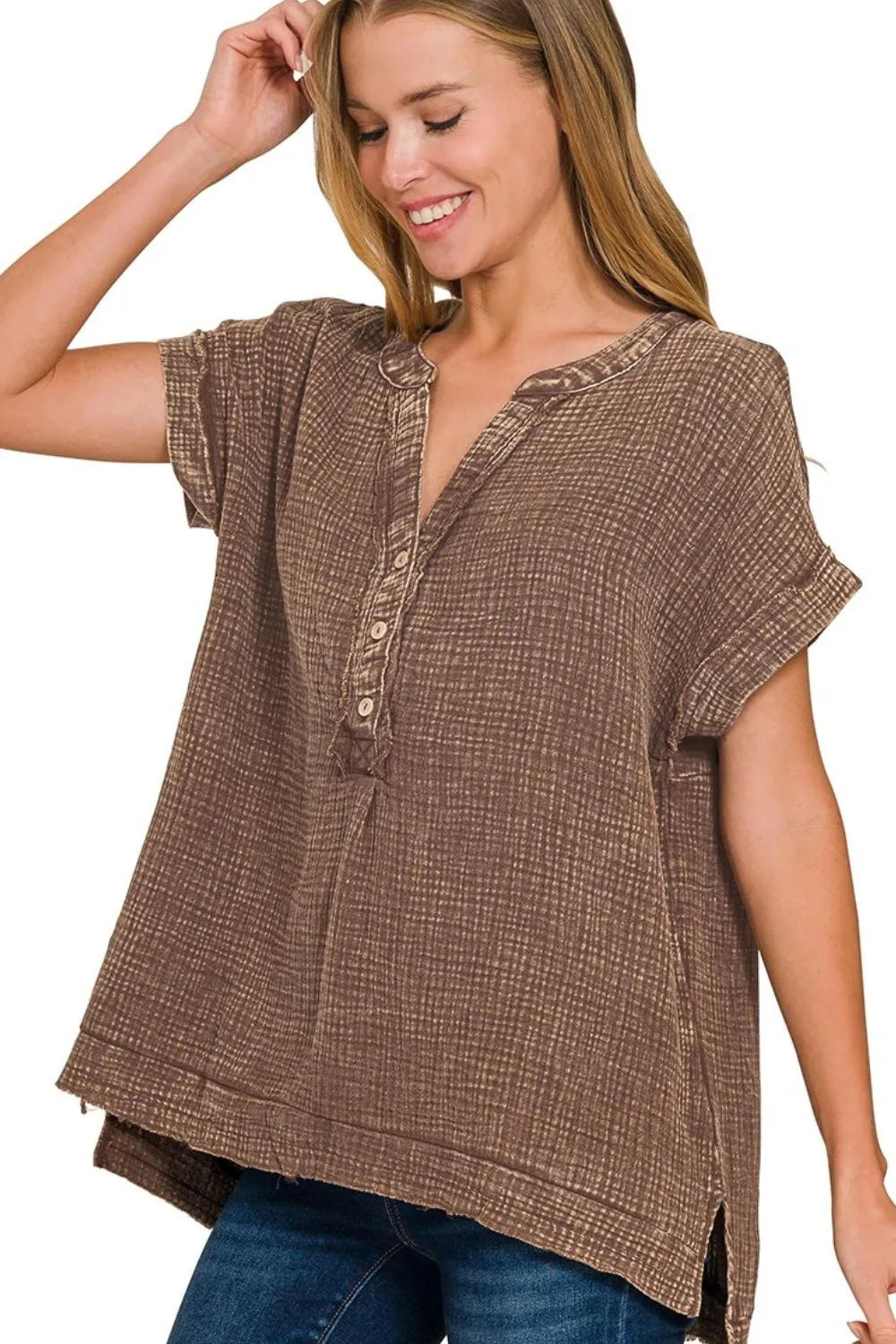 Washed Double Gauze 3/4 Button Henley Neck Shirt, image 3