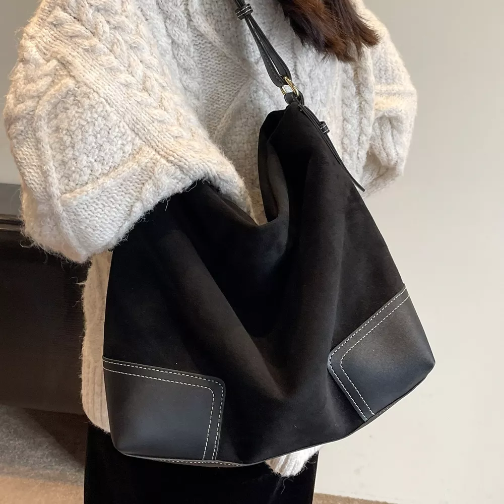 Vintage Suede Patchwork Hobo Shoulder Bag, image 3