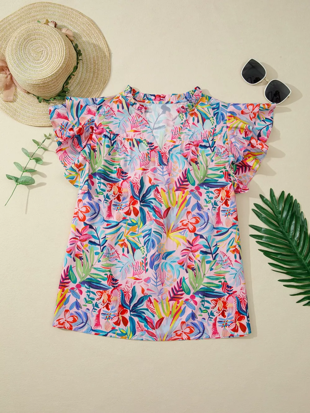 Tropical Floral Print Frilly Notched Neck Ruffled Short Sleeve Blouse, image 8