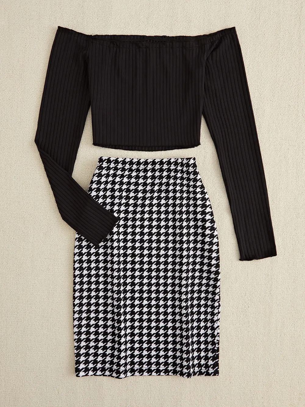 Off-Shoulder Long Sleeve Top and Houndstooth Skirt Set, image 3