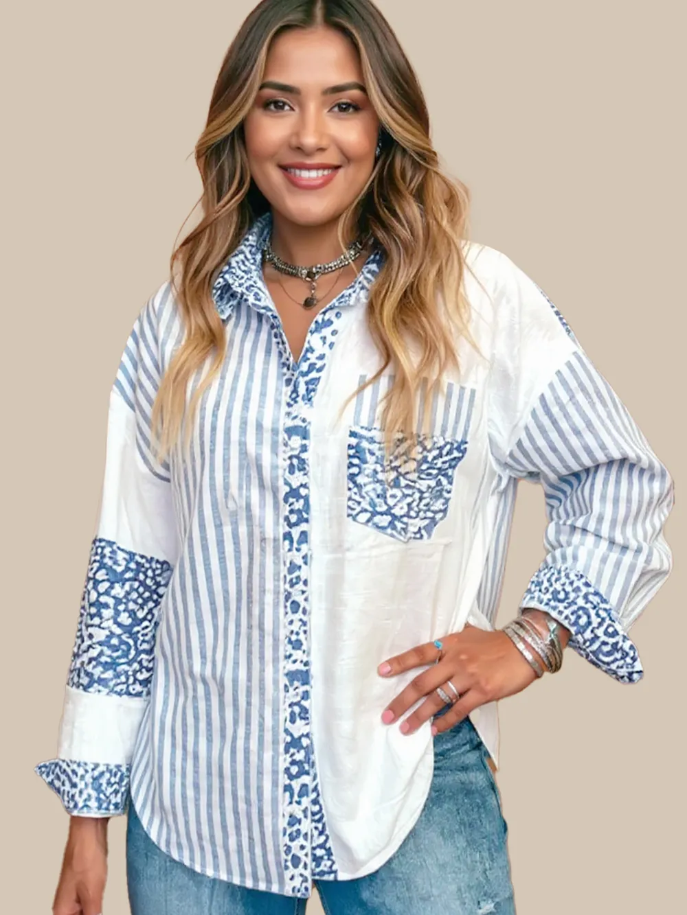 Striped Patchwork Button Down Shirt with Leopard Print Details, image 3