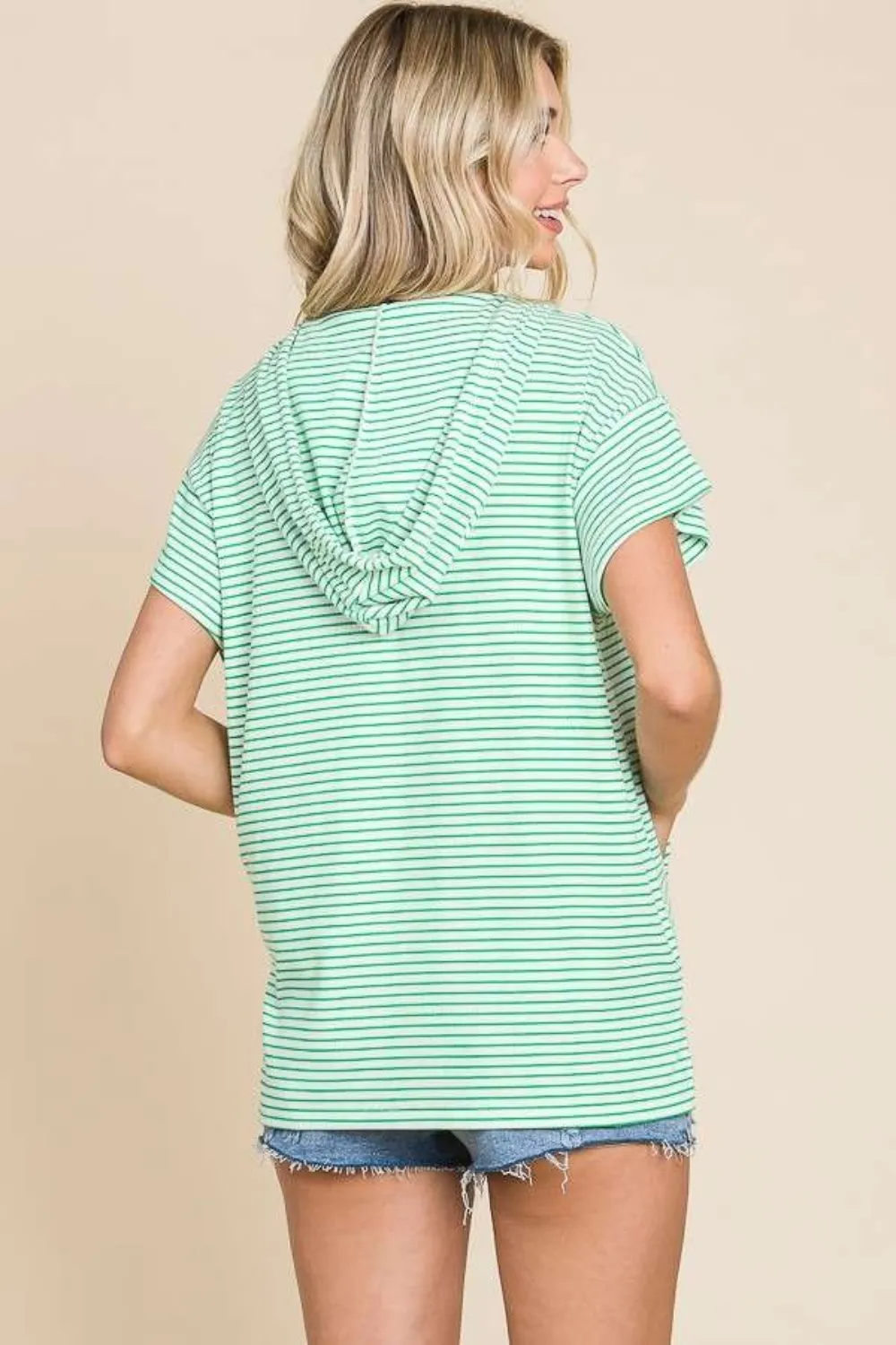 Full Size Striped Short Sleeve Hooded Top, image 2