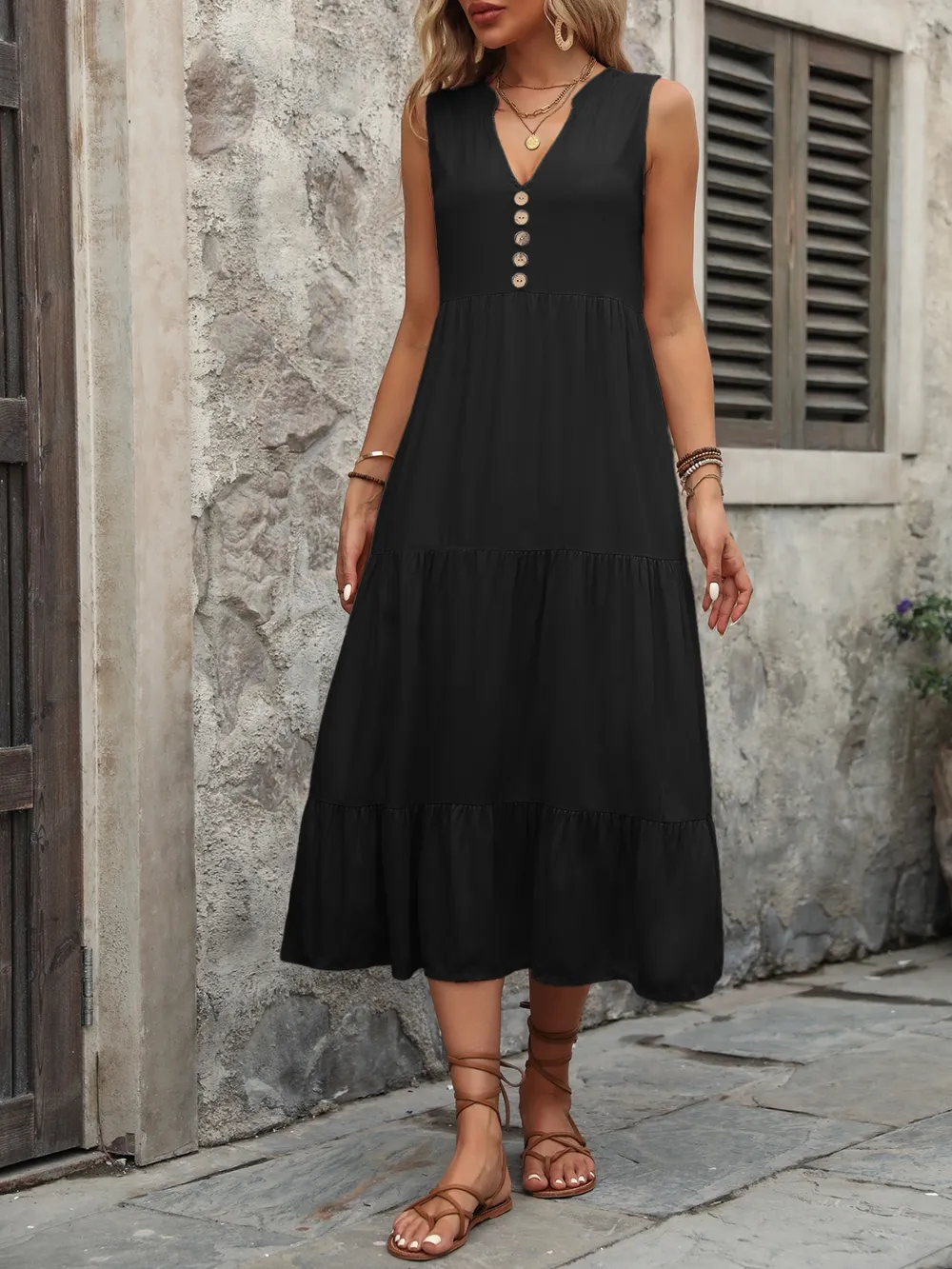 Decorative Button Notched Sleeveless Dress, image 28