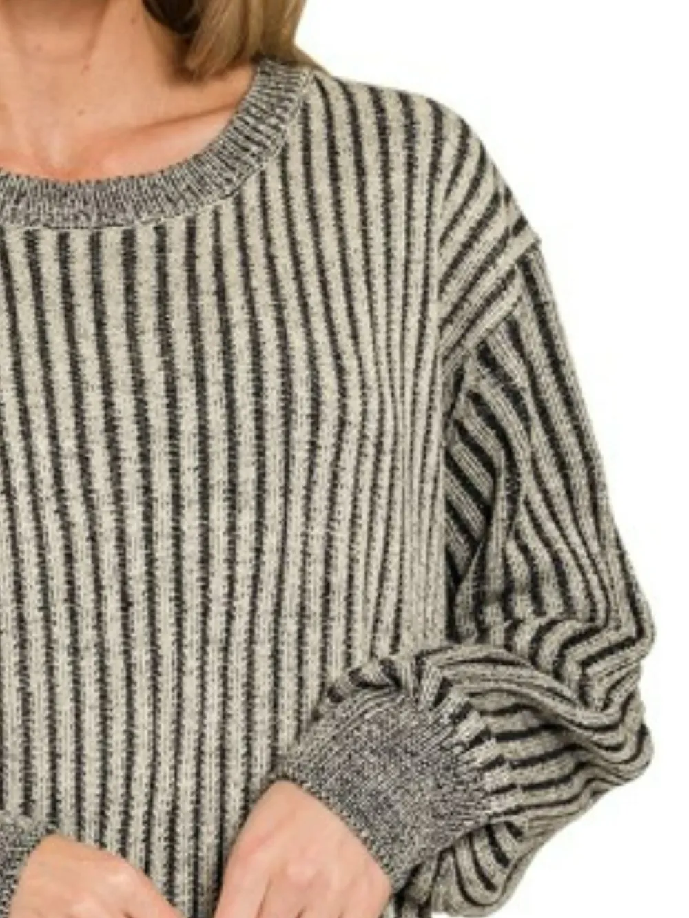 Curved Hem Two-Tone Ribbed Sweater, image 2