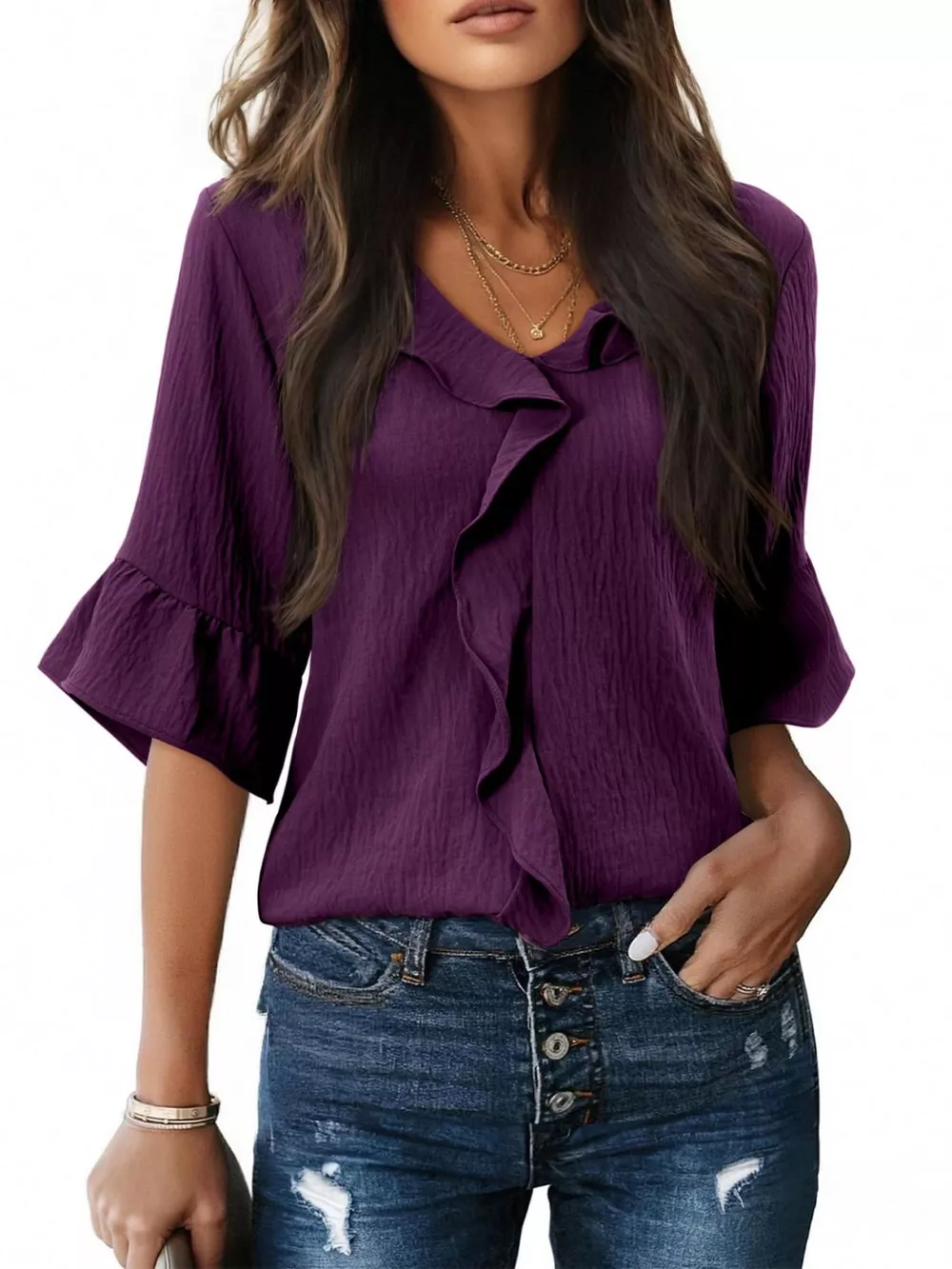 Ruffle Trim V-Neck Blouse, image 10