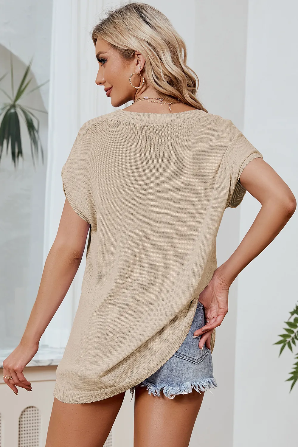Color Block V-Neck Short Sleeve Knit Top, image 24