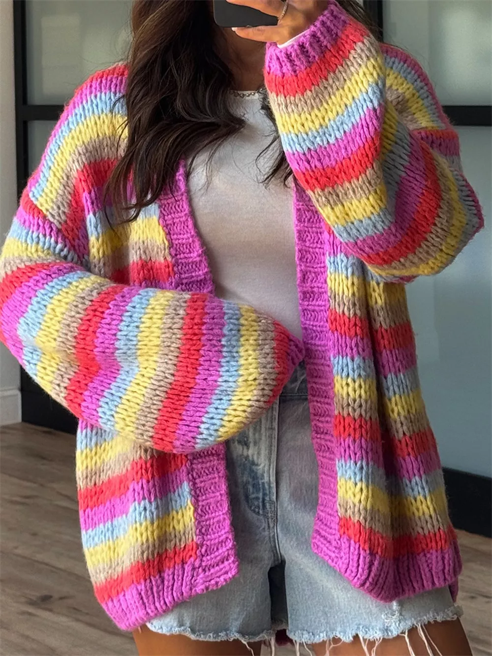 Multi-Color Striped Chunky Knit Open-Front Cardigan, image 3