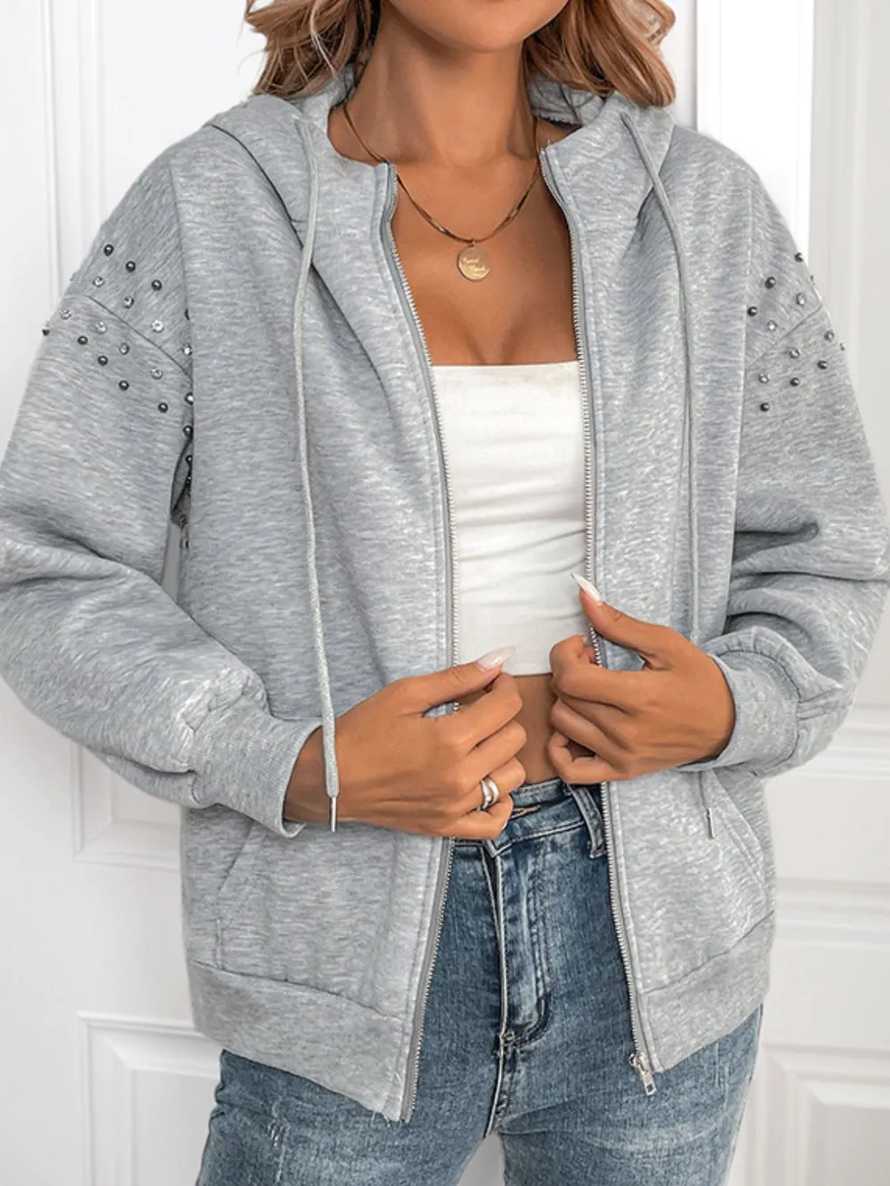 Rhinestone Zip Up Long Sleeve Hoodie