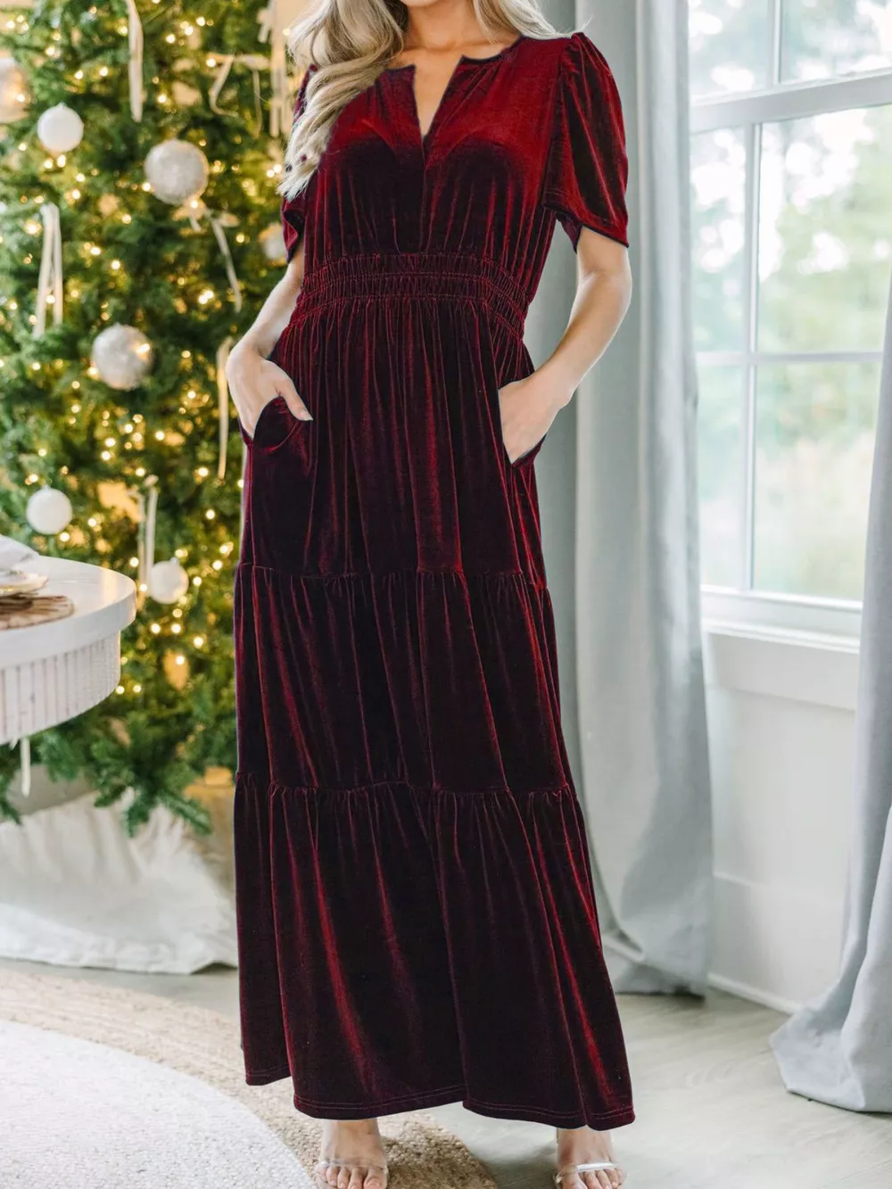 Velvet Tiered Short Sleeve Maxi Dress, image 6