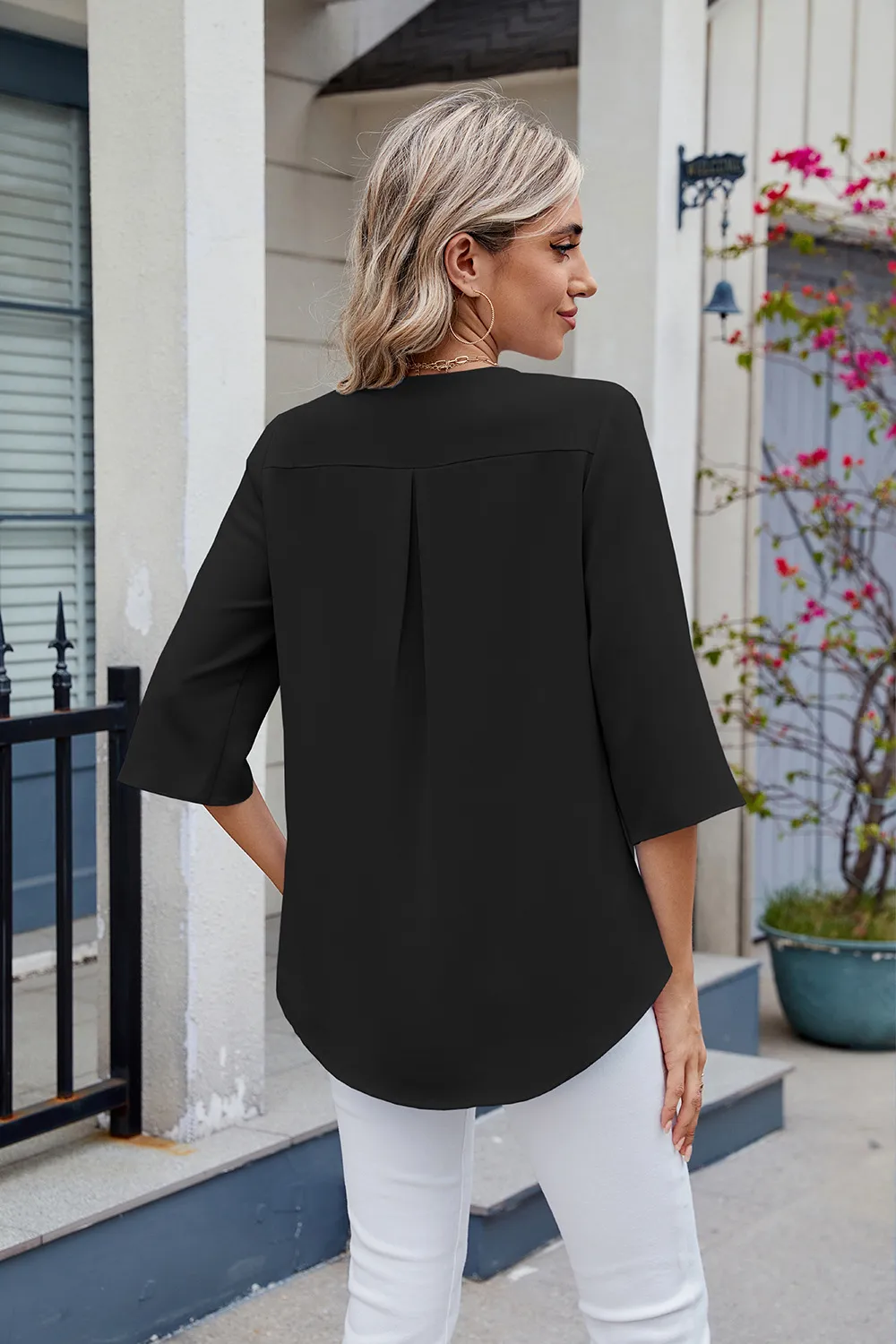 Ruffled V-Neck Three-Quarter Sleeve Blouse, image 24