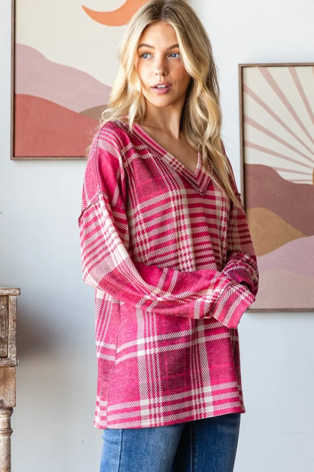 Plaid Drop Shoulder V-Neck T-Shirt, image 3
