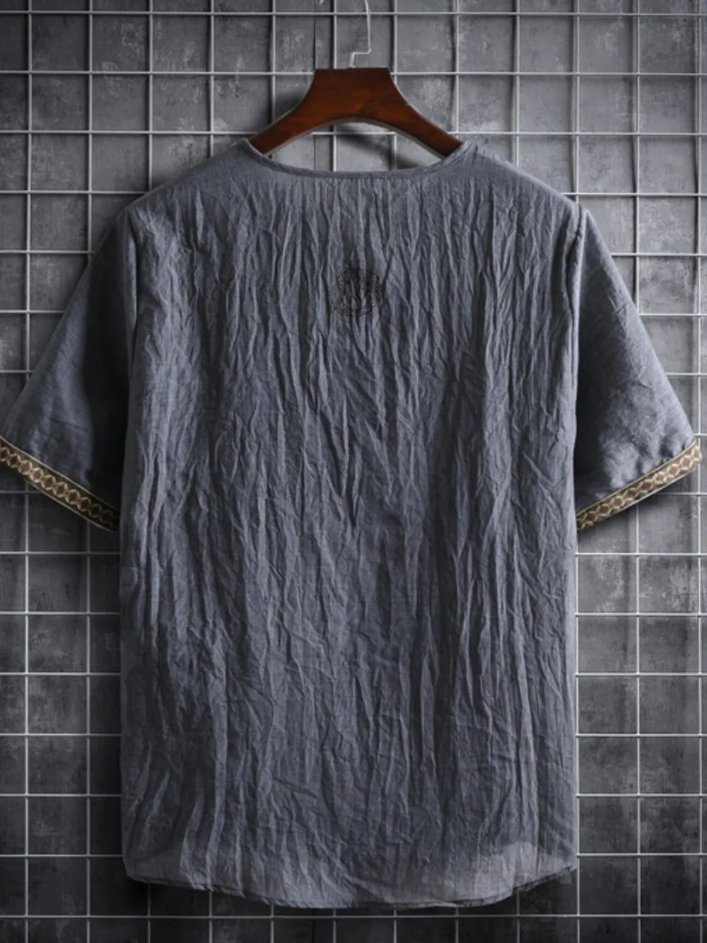 Men's Plus Size Texture Short Sleeve Top with Ethnic Trim, image 6