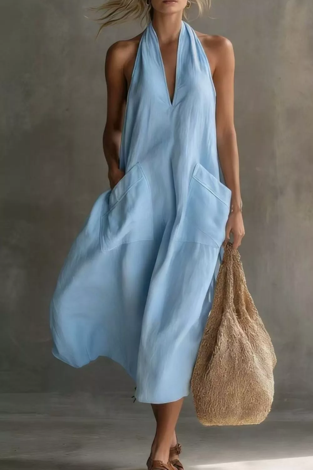 Casual Halter Neck Pocket Midi Dress, image 2