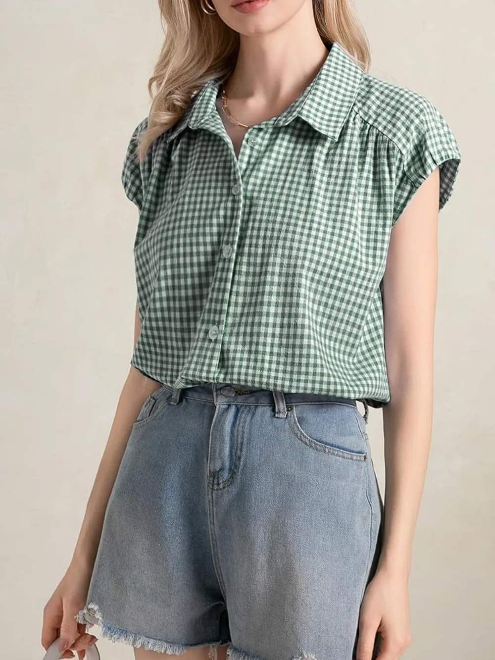 Plaid Button Up Cap Sleeve Shirt, image 20