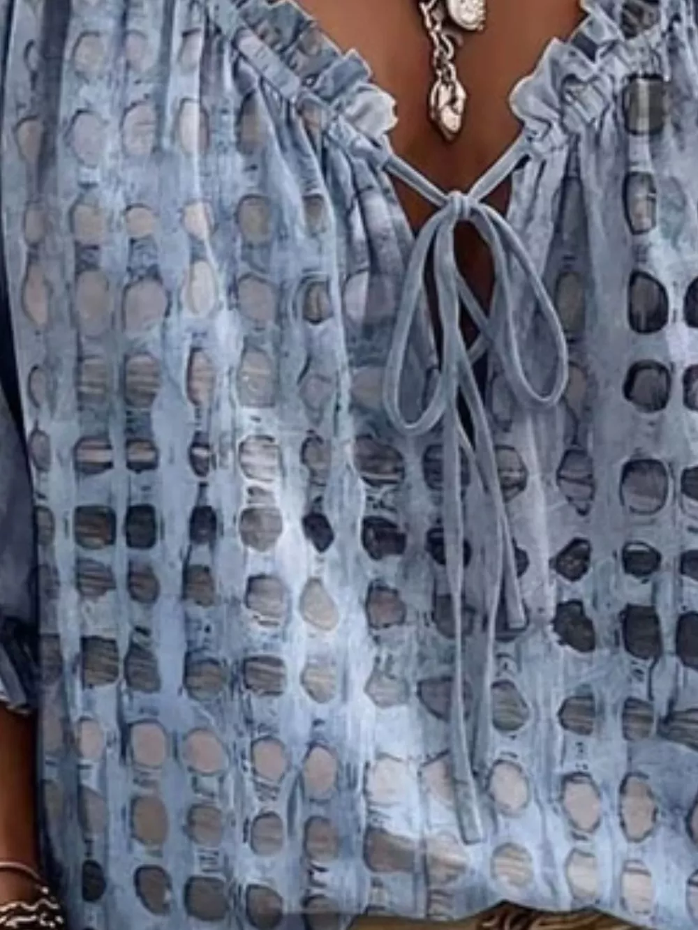 Full Size Tie Neck 3/4 Sleeve Blouse Plus Size, image 6