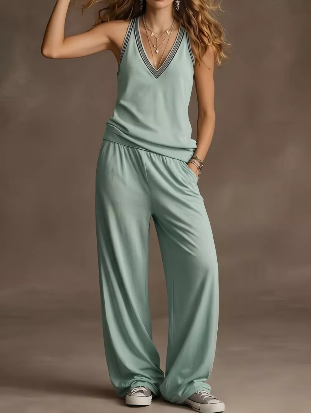 Full Size V-Neck Tank Top & Wide-Leg Pants Set Plus Size, image 2