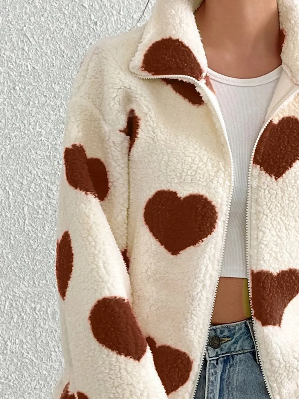 Heart Zip Up Drop Shoulder Furry Jacket, image 10