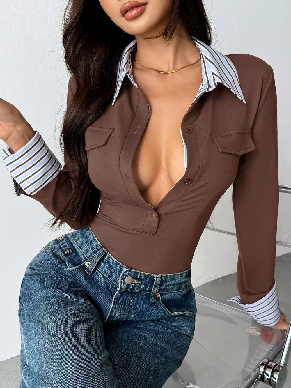 Long Sleeve Button Front Bodysuit, image 6