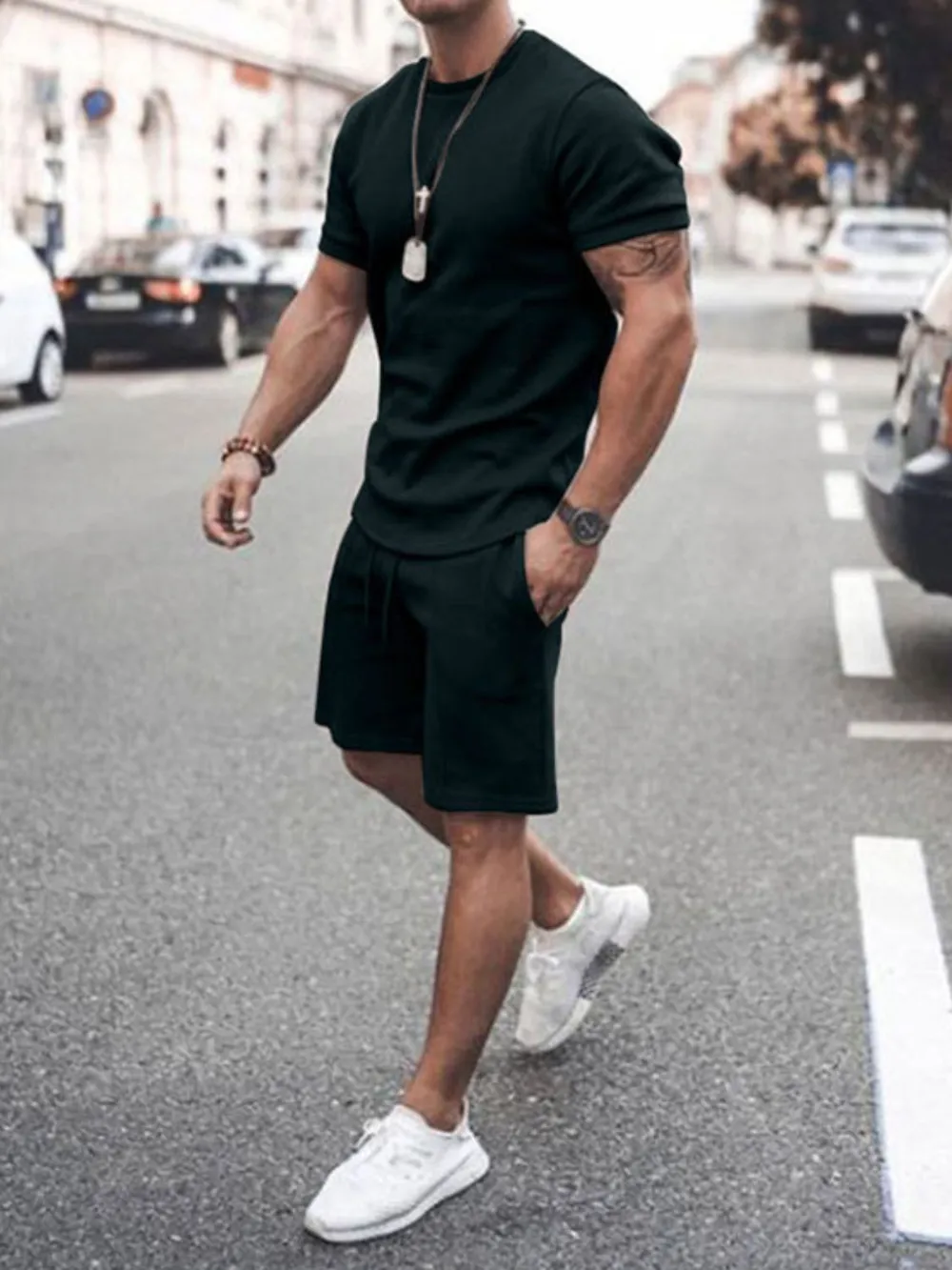 Men's Plus Size Round Neck Short Sleeve Top and Shorts Set, image 9