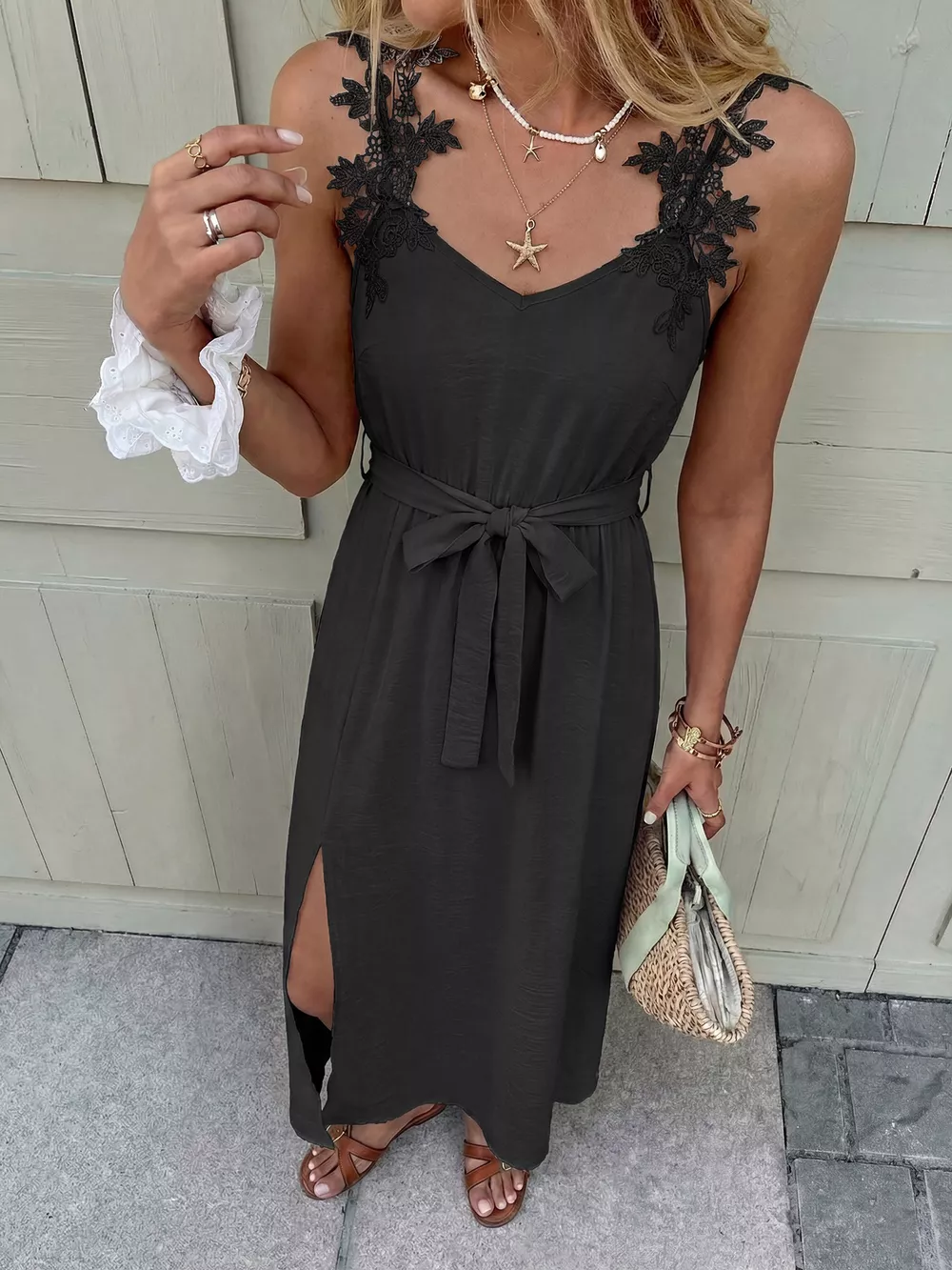 Lace Trim Slit Maxi Dress, image 2