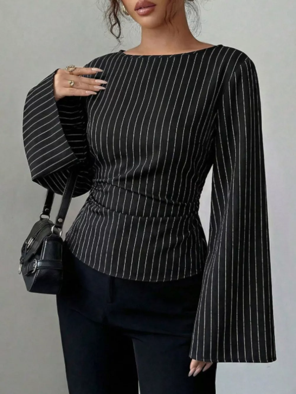 Elegant Pinstriped Bell Sleeve Blouse with Back Lace Up, image 3