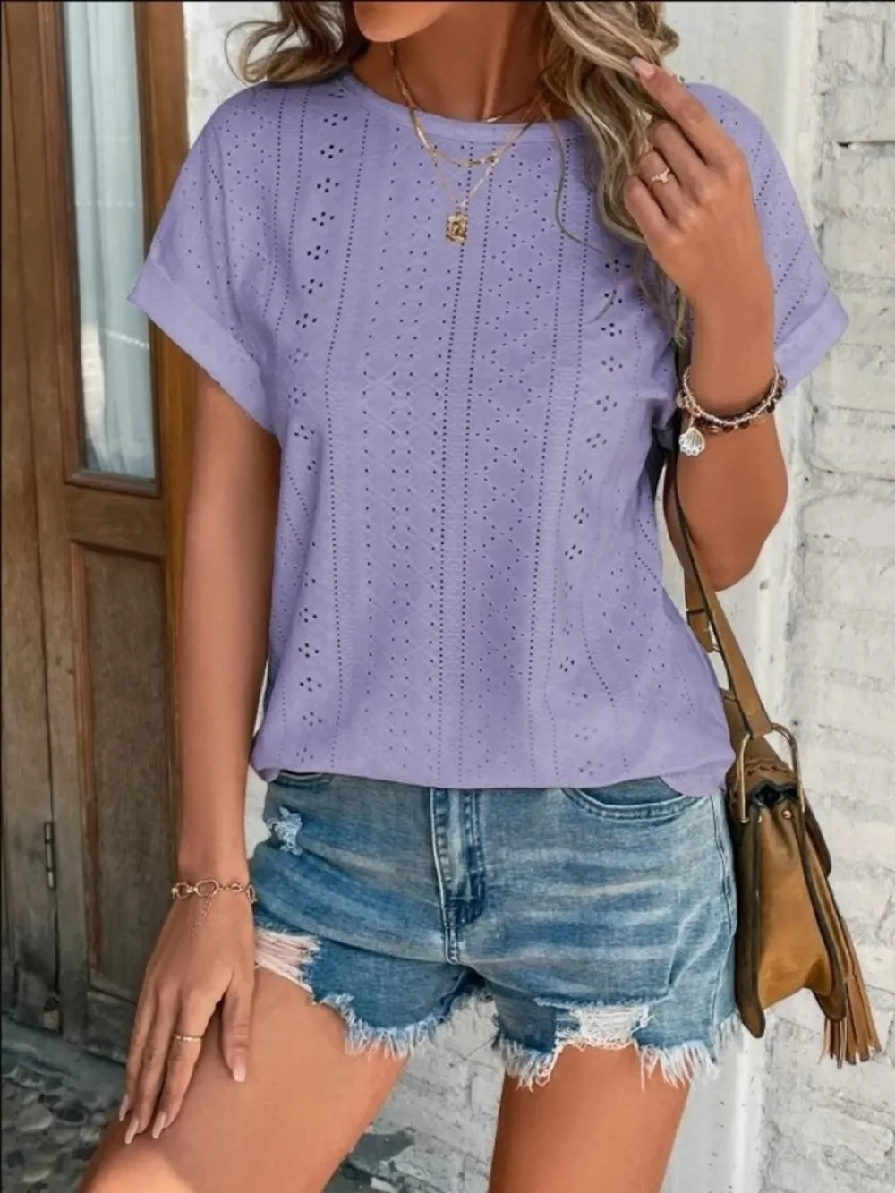 Eyelet Round Neck Short Sleeve T-Shirt, image 26