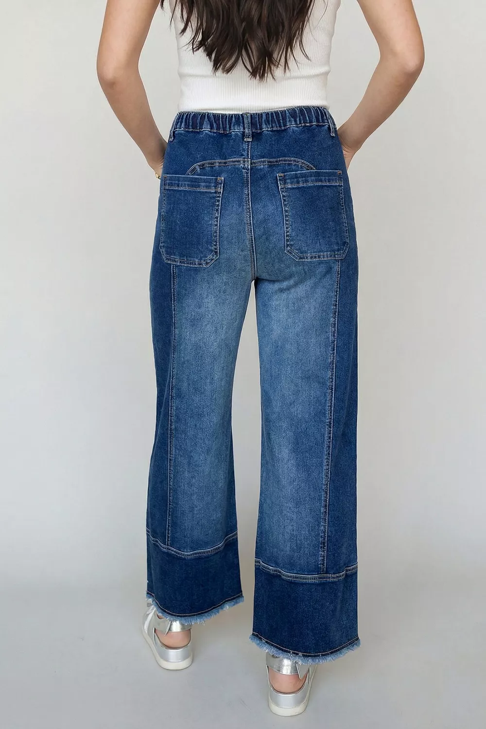 Drawstring Seam Detail Raw Hem Wide Leg Denim Pants, image 2