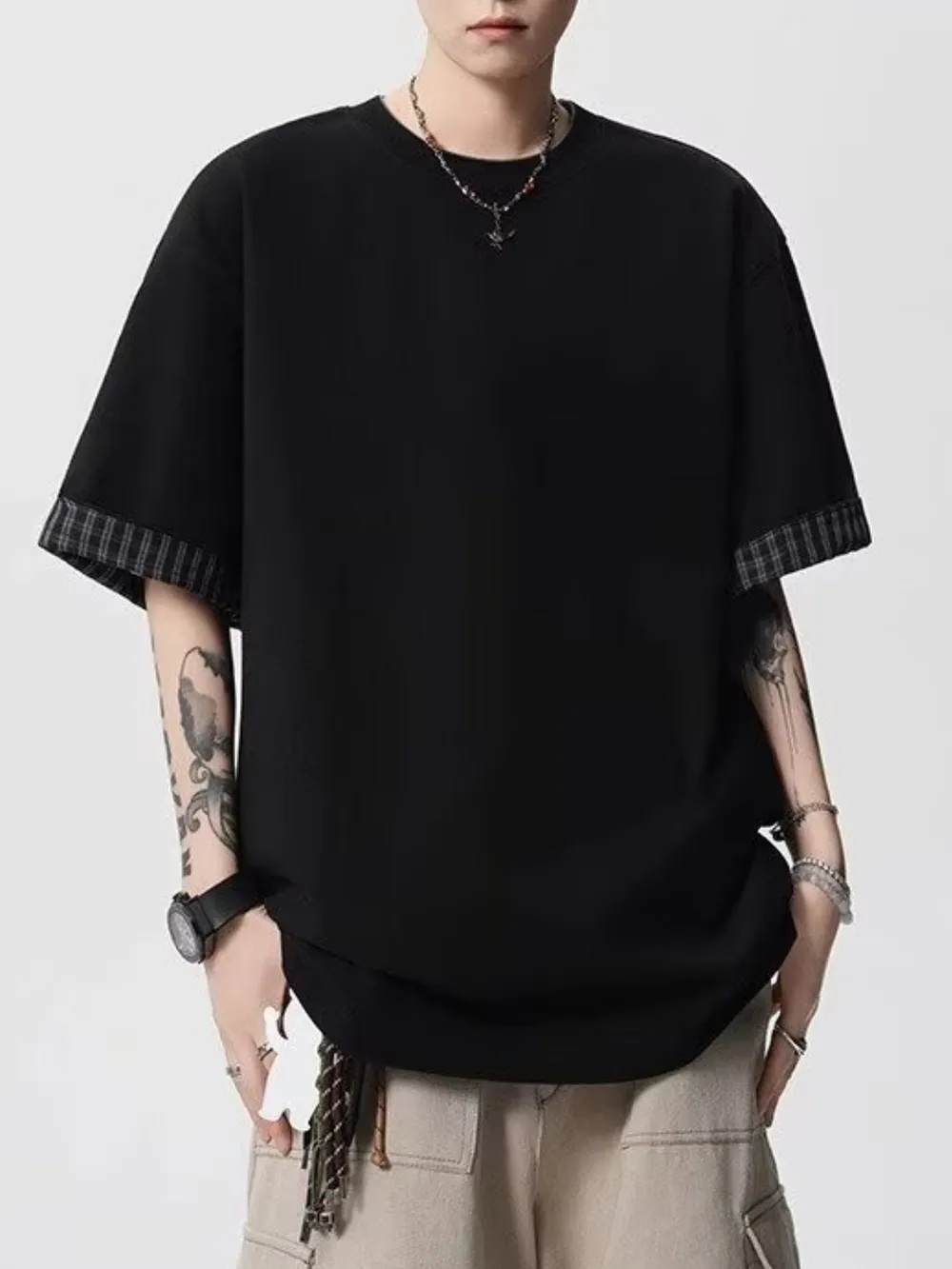 Men's Plaid Trim Round Neck Short Sleeve T-Shirt, image 3