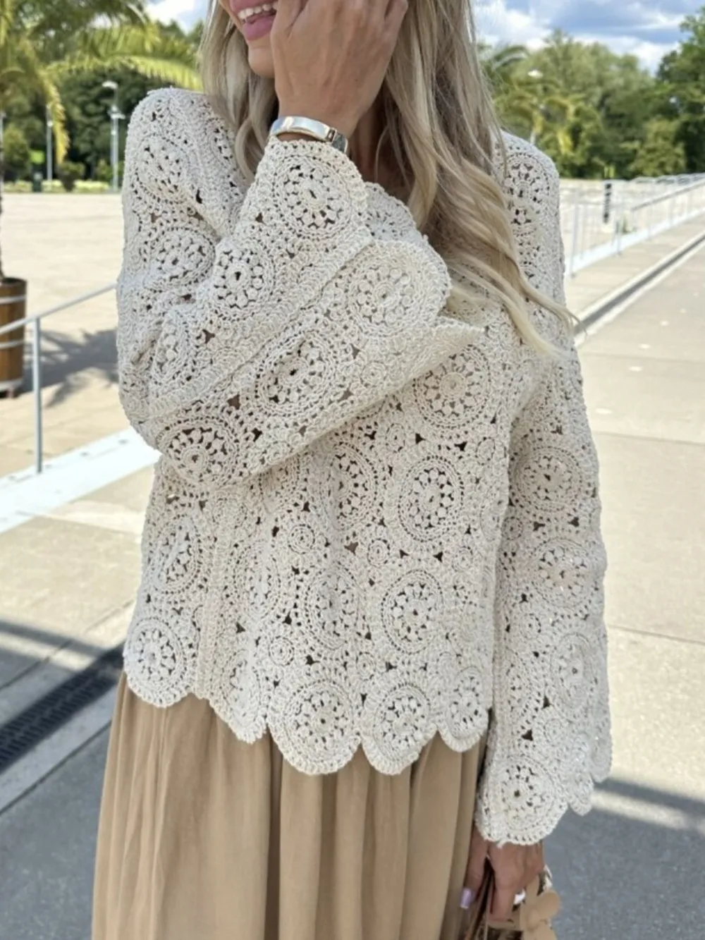 Crochet Lace V-Neck Bell Sleeve Knit Top, image 3