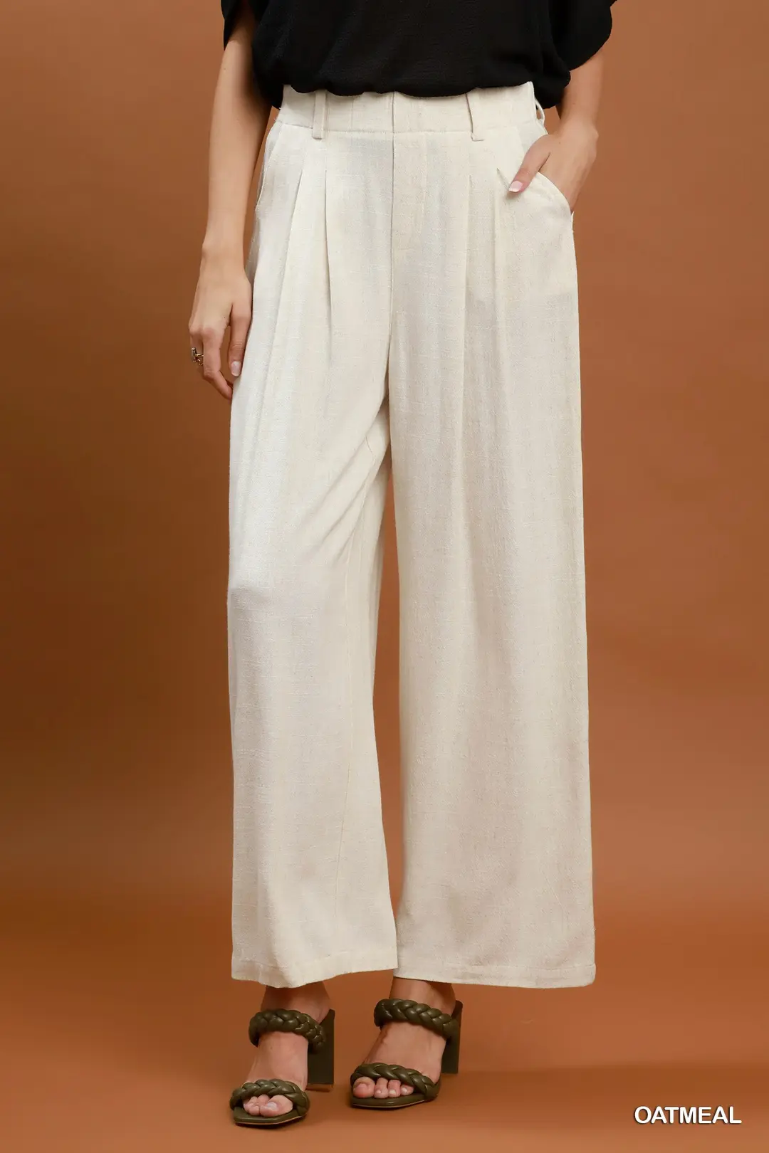 High Waist Linen Blend Wide Leg Trousers