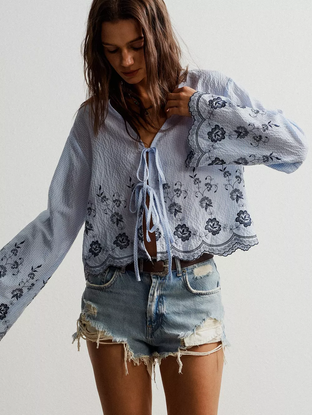 Floral Embroidered Tie-Front Blouse, image 11