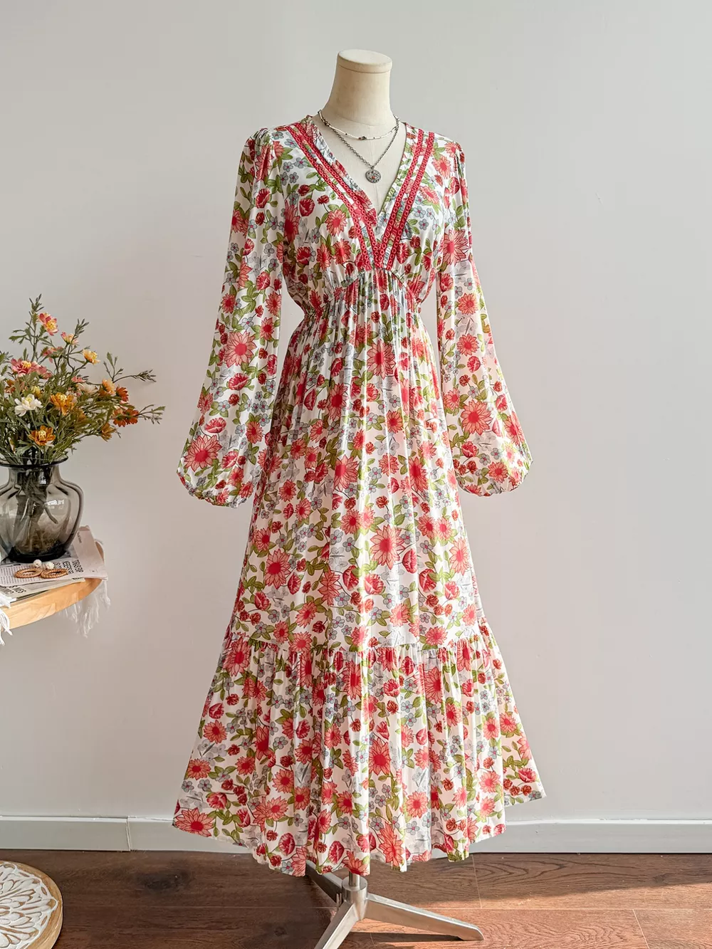 Floral Print V-Neck Bohemian Midi Dress, image 8