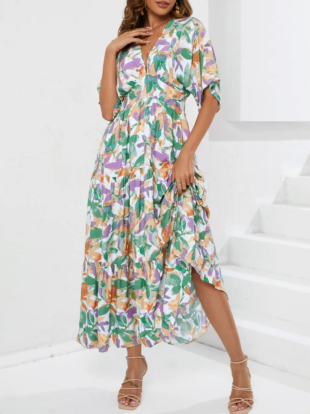 Floral Print V-neck Boho Midi Dress, image 7