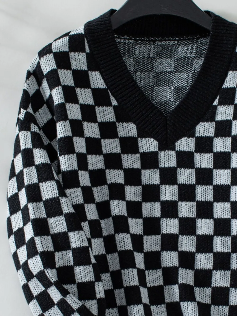 Checkered V-Neck Dropped Shoulder Sweater, image 12
