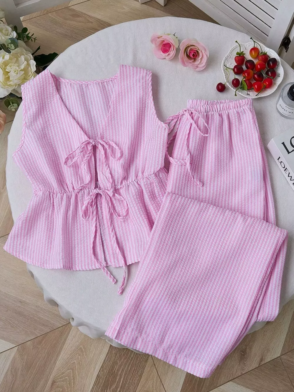 Striped Tie-Front Sleeveless Top and Pants Set, image 8